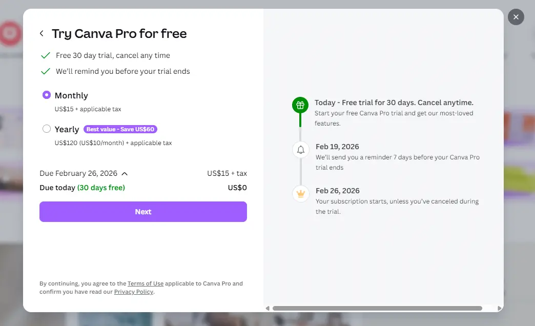 La sección de registro de Canva Pro, que muestra que obtienes una prueba gratuita de 30 días y ofrece una opción mensual y otra anual.